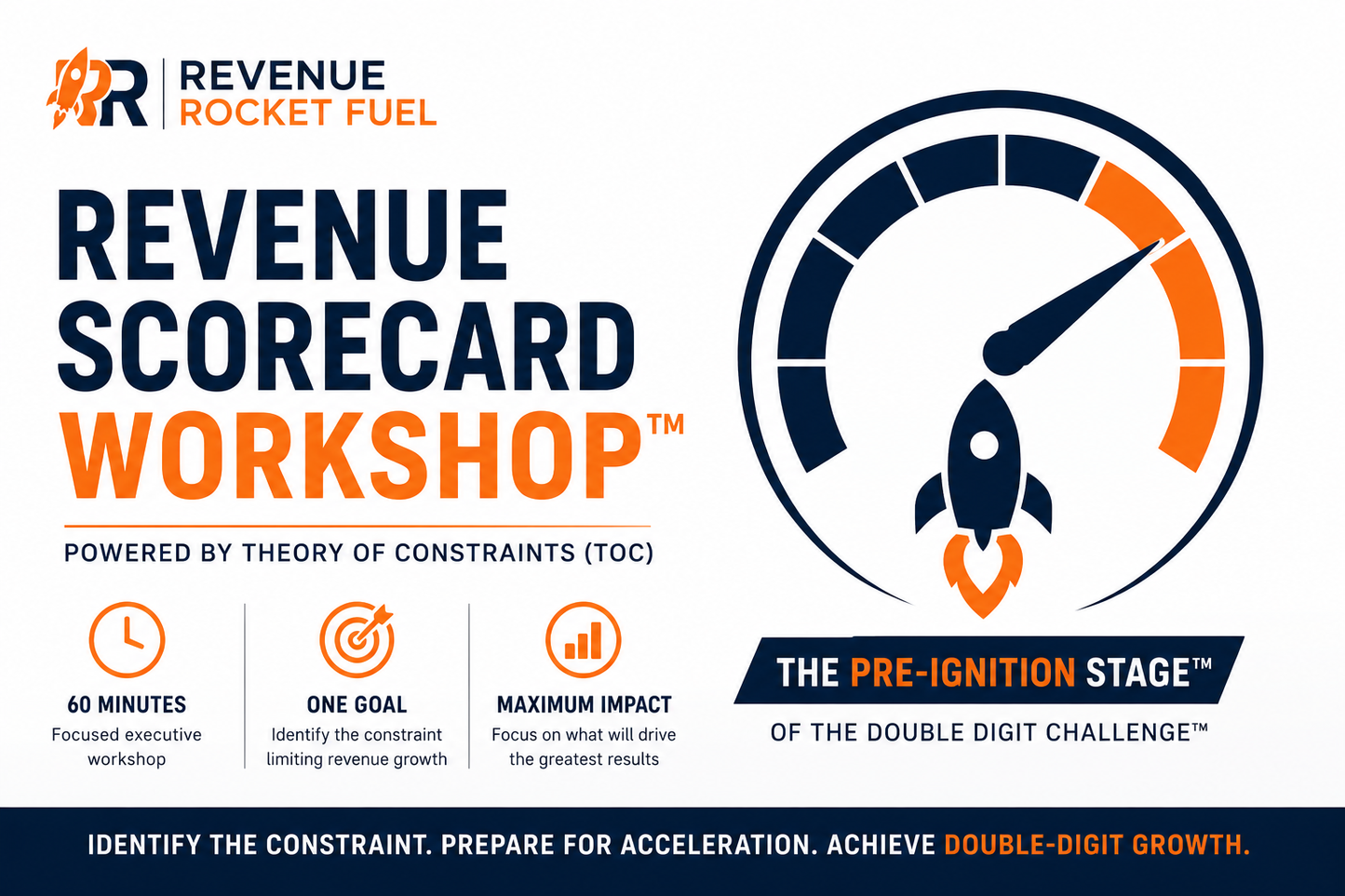 Promotional graphic for Revenue Scorecard Workshop by Revenue Rocket Fuel with a rocket icon and text about the Theory of Constraints.